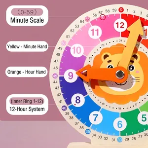 Educational wooden lion clock for kids with color-coded hours and minutes display
