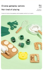 Detailed set of wooden baking tools with whisk, rolling pin, and cookie cutters for kids