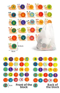 Detail of wooden snail-shaped alphabet puzzle with double-sided capital and lowercase blocks