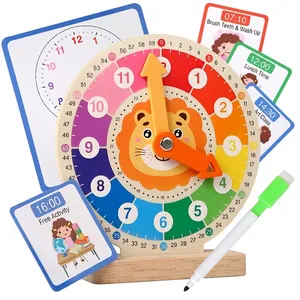 Educational wooden lion clock toy set with activity cards for kids to learn time telling