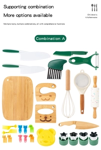 Flat lay of a children's kitchen set with wooden boards, cutters and cute animal forks