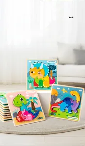 Detailed view of large wooden dinosaur puzzles with 3D colorful triceratops for toddlers