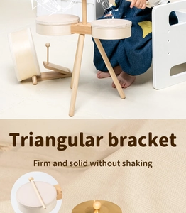 Close-up of stable triangular wooden drum stand for Montessori musical percussion toys