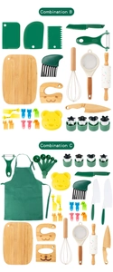 Detailed view of children's wooden kitchen baking set with rolling pin and cookie cutters