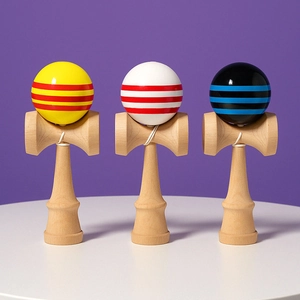 Three-piece wooden Kendama set in vibrant colors for hand-eye coordination training