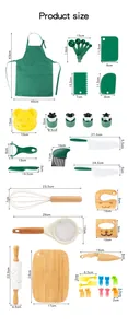 Detailed size chart for kids baking set including apron, utensils, and wooden cutting board