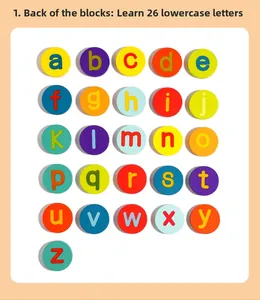 Detail view of 26 colorful wooden lowercase letter blocks for early alphabet learning
