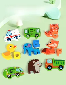 Close-up of colorful wooden alphabet puzzles featuring animal and vehicle designs
