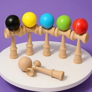 Classic wooden Kendama toys in multiple colors like red, blue and green for skill training