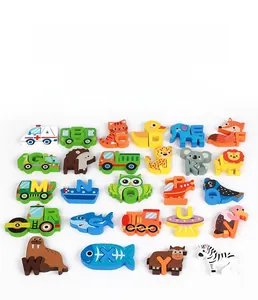 Detailed top-down view of 26 colorful wooden alphabet puzzles featuring animal designs