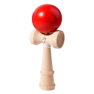 Classic wooden Kendama toy with red painted ball and natural handle for coordination