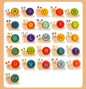 Detail view of colorful snail-shaped alphabet puzzle pieces for kids learning letters