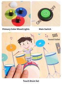 Dettaglio di una tavola musicale sensoriale in legno con manopole LED e tamburi touch