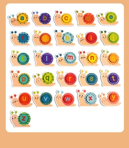 Detail view of colorful snail alphabet puzzles for early childhood letter learning