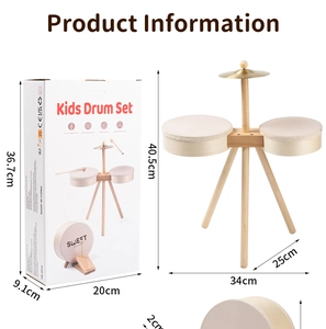 Detailed size specifications for wooden kids drum set with packaging box dimensions
