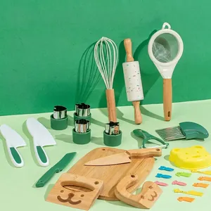 Wooden children's kitchen toy set with cutting board, utensils and rolling pin
