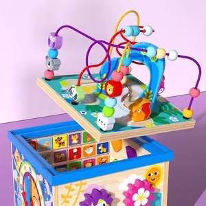 Multifunctional wooden activity cube toy with bead maze and learning clock for toddlers