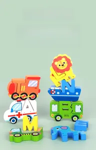 Detailed top view of wooden animal and vehicle blocks for educational balance stacking play