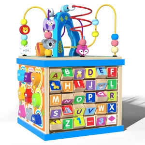 Multifunctional wooden activity cube toy with bead maze and shape sorting for early learning
