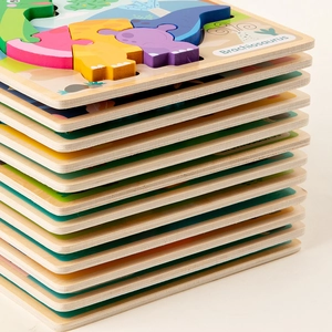 Stack of 12 multi-colored wooden 3D dinosaur puzzles for toddlers early education