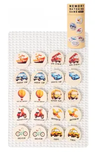 Close-up of wooden memory match tiles with colorful vehicle illustrations and storage tube