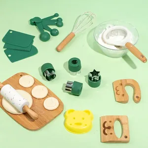 Wooden kids kitchen baking set with rolling pin, flour sifter and colorful cookie cutters