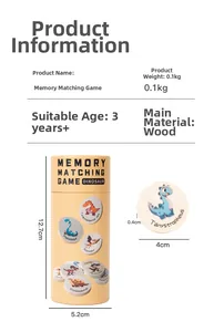 Detailed dimensions of dinosaur memory matching game with wooden pieces and storage tube