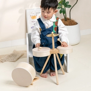 Kids wooden drum set toy with metal cymbal and bass drum for musical enlightenment
