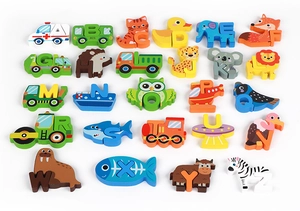 Detailed overhead view of 26 colorful wooden alphabet blocks with animal illustrations