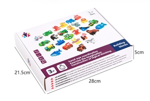 Detail view of colorful wooden animal and vehicle 3D puzzle toy box for kids