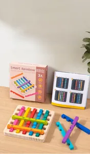 Detail view of Smart Rainbow Stick wooden base, colorful numbered rods and challenge manual