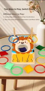 Detail of wooden lion toss game set with colorful rings and bean bags for kids