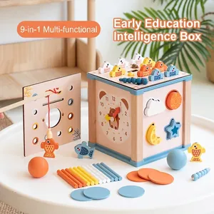 Cube d'Activité Montessori en Bois Multifonctionnel pour Tout-Petits Jouet Éducatif Busy Box Avec Horloge de Pêche Magnétique