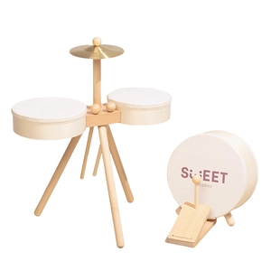 Wooden toy drum set with tripod stand, bass drum and foot pedal for kids music play