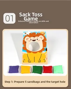 Detail of lion-themed bean bag toss target board with 5 colorful square sandbags