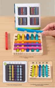 Detail view of colorful wooden Montessori logic puzzle blocks with challenge manual