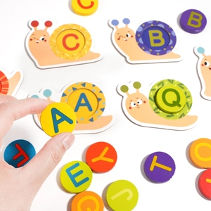Educational wooden snail puzzle with colorful alphabet matching pieces for toddler learning