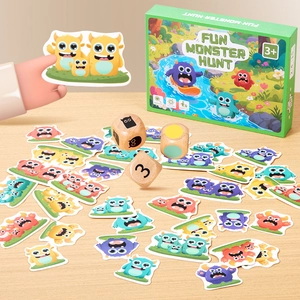 Educational monster hunting board game for kids with colorful cards and wooden dice