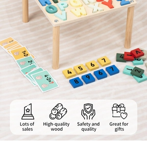 Detail of wooden alphabet puzzle board with colorful numbers and math learning cards
