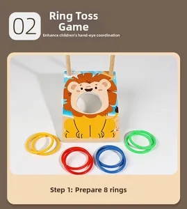 Detail of wooden base with lion pattern and 8 colorful toss rings for children game