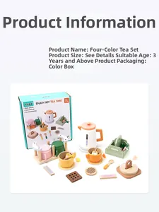 Detailed view of kids wooden tea set with colorful cups, spoons and cookies in box