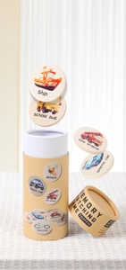 Dynamic detail of 20pcs wooden traffic memory matching game pieces spilling from a yellow tube