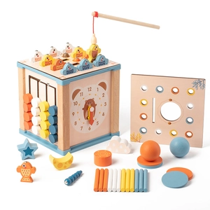 Cube d'activité 9-en-1 en bois avec jeu de pêche magnétique, horloge et trieur de formes enfant