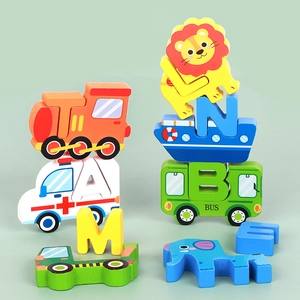 Educational wooden 3D puzzle blocks with colorful animal and transport alphabet shapes