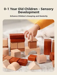 Macro shot of an infant grasping multi-shape solid wood blocks for sensory training