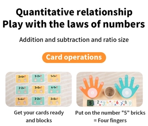 Math learning set with counting hands, wooden number bricks, and subtraction flashcards