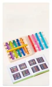 Close-up of wooden Montessori logic puzzle with colorful numbered bars and guidebook