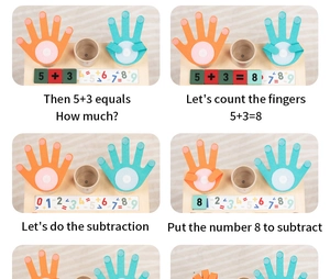 Educational wood math toy with felt hands and sliding number blocks for kids