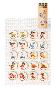 Close-up of 20 pieces wooden dinosaur memory matching chess with storage tube for kids
