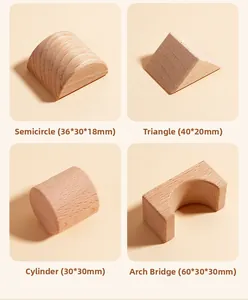 Detailed view of natural wooden building blocks with precise dimension markings in mm
